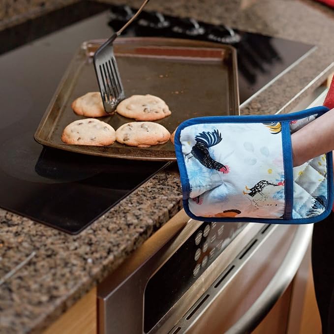 Pot Holders Set of 2 Heat Resistant 480℉ Kitchen 100% Cotton Comfortable Lining Printing Fox Flower Women Men Home Cooking Baking Microwave BBQ Gift (Rooster potholder)