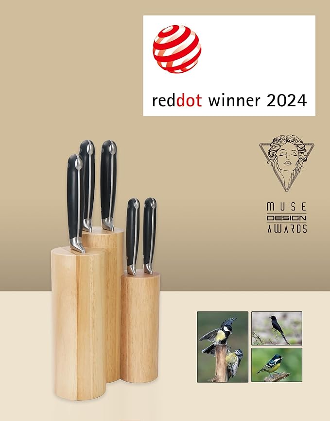 Kitchen Knife Set, Skylark Series 6-Piece High Carbon X50CrMoV15 Steel Professional Chef Knife Set with Solid Wood Block, Unique Design Knife Block Set, Dishwasher Safe, Elegant Black