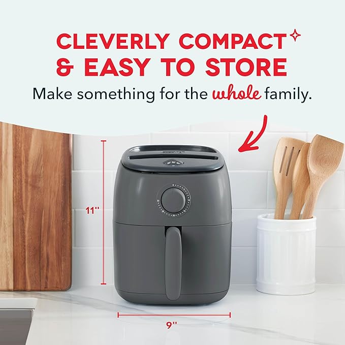 DASH Tasti-Crisp™ Electric Air Fryer Oven, 2.6 Qt., Grey – Compact Air Fryer for Healthier Food in Minutes, Ideal for Small Spaces - Auto Shut Off, Analog, 1000-Watt