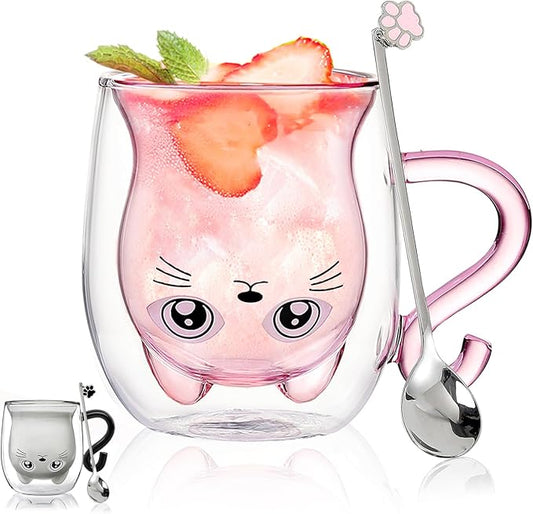Cute Mugs Glasses Double Wall Insulated Glasses Espresso Cup, Coffee Cup, Tea Cup, Milk Cup, Best Gift for Office and Personal Birthday, Pink Cat
