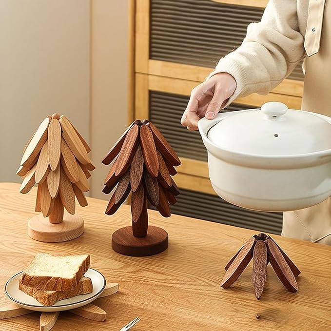 Natural Wood Tree Trivet Set, 𝐍atural Tree Trivet Set - 4 Wooden Trivets,4 Wooden 𝐓rivets & 1 Stand Like a Christmas Trees,for Hot Dish,Pot,Bowl,Teapot,Hot Pot Sets (Walnut Finish 3 Trivets,2set)