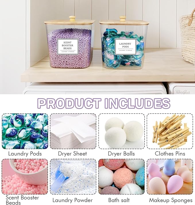 2 Pack Laundry Pods Container,Laundry Room Organization and Storage Containers with Wooden Lids & Labels Large Laundry Detergent Container for Powder,Scent Booster,Pods,Dryer Ball