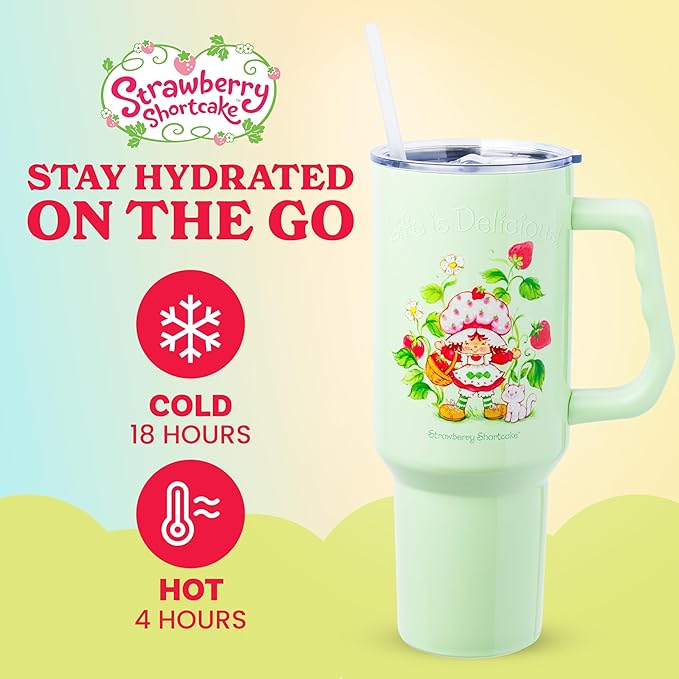 Silver Buffalo Strawberry Shortcake and Custard “Life is Delicious!” Stainless Steel Tumbler with Handle, Fits in Standard Cup Holder, 40 Ounces