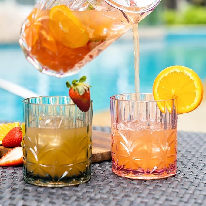 BELLAFORTE Shatterproof Tritan Plastic Short Tumbler, Set of 4, 13oz - Myrtle Beach Unbreakable Crystal Cut Old Fashioned Drinking Glasses for Party, Gifting - BPA Free - Dishwasher Safe - Smok Grey