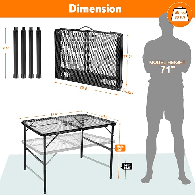 3 ft Folding Table with Adjustable Height (16.5" & 26"), Black Metal Mesh Table with Carry Handle, Portable for Camping, Tailgating, BBQ, Picnic & Indoor, Fits 3–6 People, 7.5 lb, Supports 66 lb