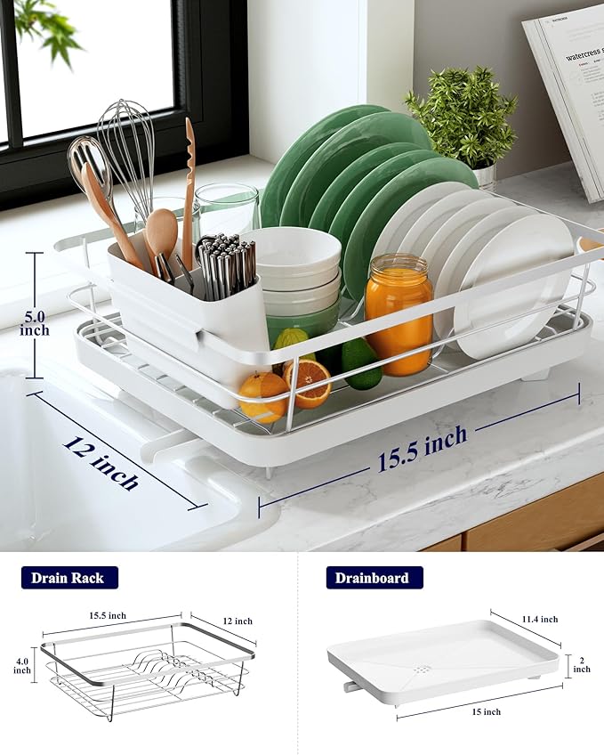 Kitsure Dish Drying Rack for Kitchen Counter, Stainless Steel Sink Organization and Storage Essentials with Cutlery Holder, Home and Appartment Decor, 12''W x 15.5''L, Silver Grey
