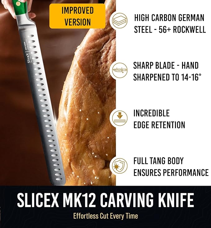 Classic Brisket Slicing Carving Knife – Gift for Dad From Wife, Son, Daughter - 12” Full Tang Meat Cutting and BBQ Knife – Razor Sharp German Steel with Ergonomic Handle - Green