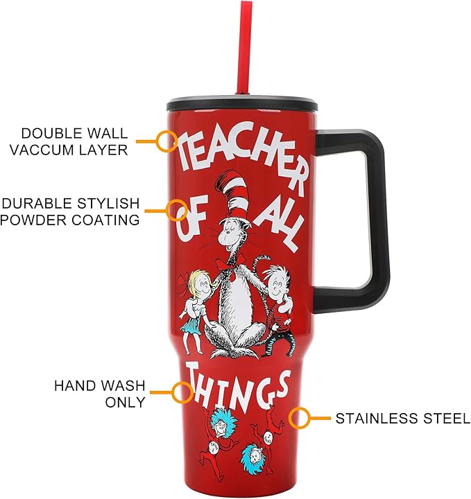 Bioworld Dr. Seuss Teacher of All Things Vacuum Insulated 40 Oz Stainless Steel Tumbler with Leak-Proof Lid & Ergonomic Easy-Carry Handle for School or Home