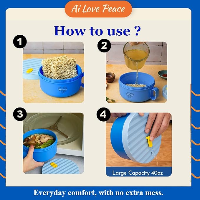 AI LOVE PEACE Ramen Bowl, 40 oz Microwaveable Noodle Cooker for Ramen, Pho, Soup, and Pasta, Dishwasher Safe and Portable, Ideal for Home, Office, Dorm, or Gift (Blue)
