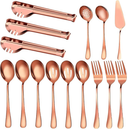Serving Utensils, 15 Pcs Stainless Steel Large Flatware Serving Tools Kit, Included Spoons, Forks, Tongs, Slotted Spoon, Ladle, Cake Server for Catering Banquet Wedding Buffet Party, Rose Gold