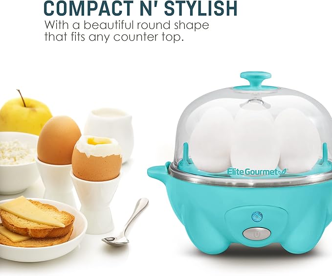 Elite Gourmet EGC-007T# Rapid Egg Cooker, 7 Easy-To-Peel, Hard, Medium, Soft Boiled Eggs, Poacher, Omelet Maker, Auto Shut-Off, Alarm, 16-Recipe Booklet, Teal