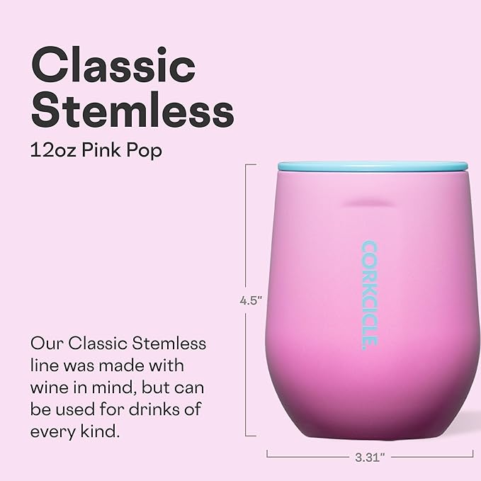 Corkcicle Stemless Wine Tumbler - Keeps Drinks Cold for 6 Hours - Triple-Insulated Stainless Steel - Non-Slip Base - Summer Drinkware Gift - Keeps Drinks Ice Cold - 12 oz - Pink Pop