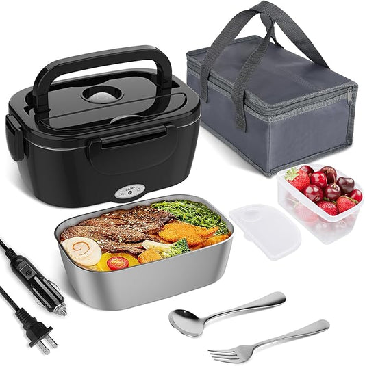 Vabaso Electric Lunch Box for Adults, 80W Heated LunchBox Portable Food Warmer Lunch Box for Work/Men/Car/Truck with 1.5L 304 Stainless Steel Container Fork & Spoon, 110V/12V/24V