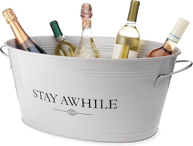 Twine Stay Awhile White Painted Galvanized Ice Bucket & Metal Tub - Beverage Ice Barrel Tub for Parties in 6.3-Gallon Capacity