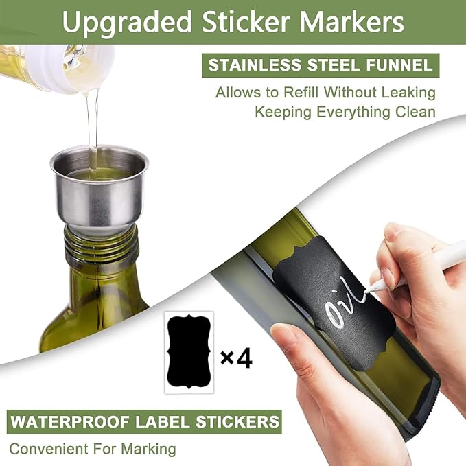 2 Pcs Green Glass Olive Oil Dispenser and Vinegar Dispenser Set with 2 Stainless Steel Pourers, 4 Labels, 1 Brush, 1 Funnel (500ml) for Kitchen, Cooking, Salad Dressing, Barbecue, Mixing