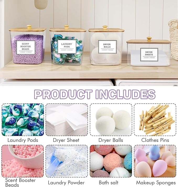 Laundry Pods Storage Container, Clear Laundry Room Organization and Storage ,Detergent Powder Container,with Wooden Lids & Labels, 3+1 Pack