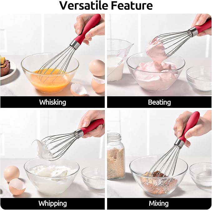 U-Taste 9" Small Egg Whisk: 18/10 Stainless Steel Kitchen Cooking Wire Balloon Wisk, Heavy Duty Metal Beater Stirrer, Manual Baking Tool with 6 Flex Wires for Hand Mixing, Blending Sauce (Red)