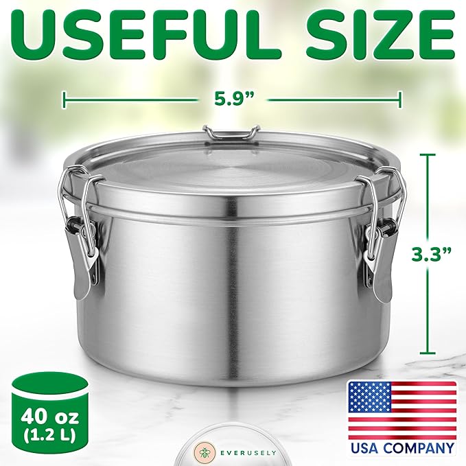 Stainless Steel Food Storage Container with Lid - 40 oz / 1.2 L - Metal Lunch + Meal Prep Tin with Food-Safe Leakproof Seal - Stackable Pantry Snack Organizer - Reusable Travel Lunchbox for Leftovers