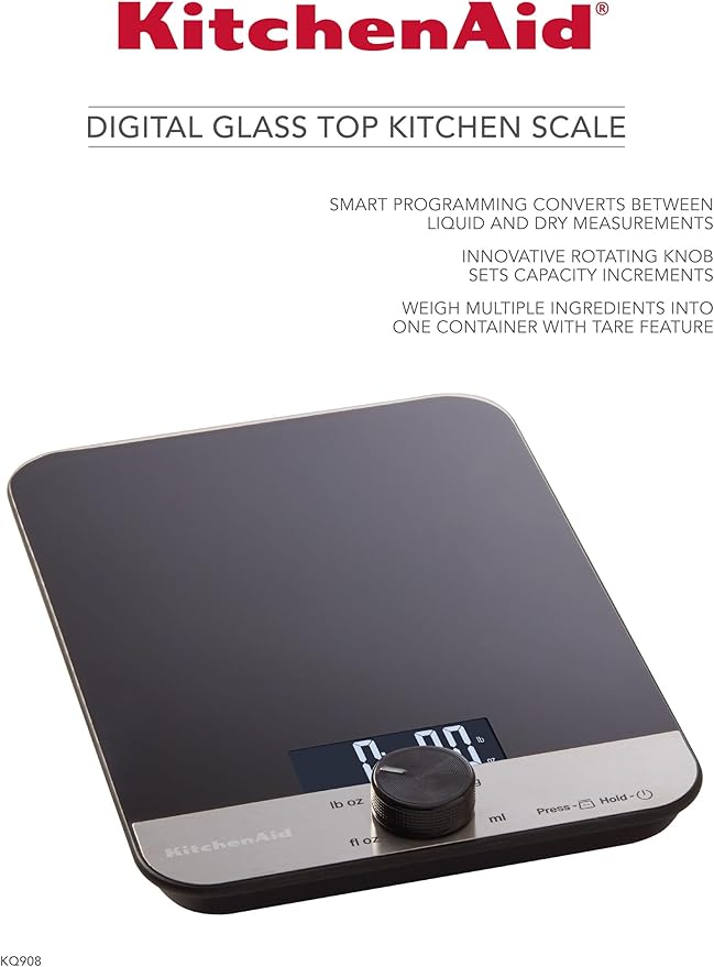 KitchenAid KQ908 Glass Surface 11 Pound Capacity Digital Kitchen and Food Scale, Black