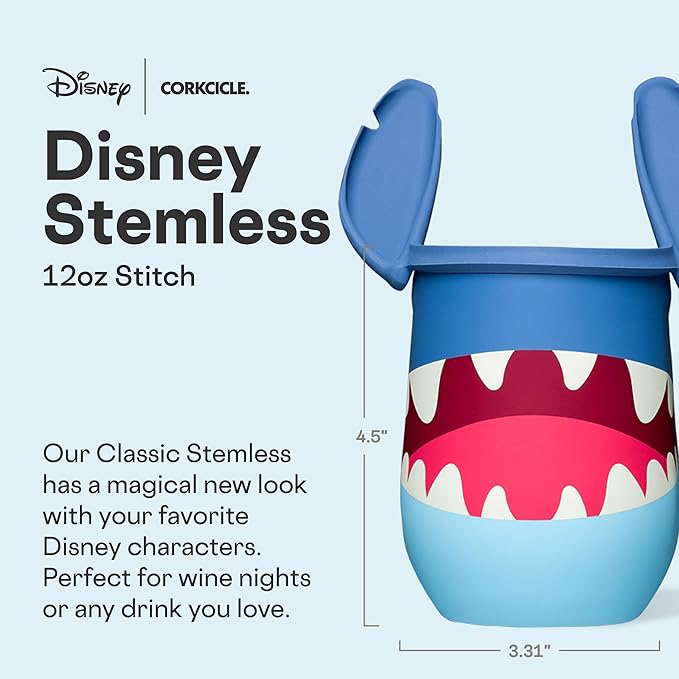 Corkcicle Stemless Insulated Wine Glass Tumbler - Keeps Beverages Cold 6 Hours & Hot 3 Hours - Stainless Steel - Easy-Grip - Summer Drinkware Gift - Keeps Drinks Ice Cold - 12 oz - Stitch