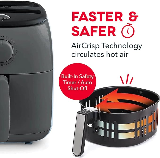 DASH Tasti-Crisp™ Electric Air Fryer Oven, 2.6 Qt., Grey – Compact Air Fryer for Healthier Food in Minutes, Ideal for Small Spaces - Auto Shut Off, Analog, 1000-Watt