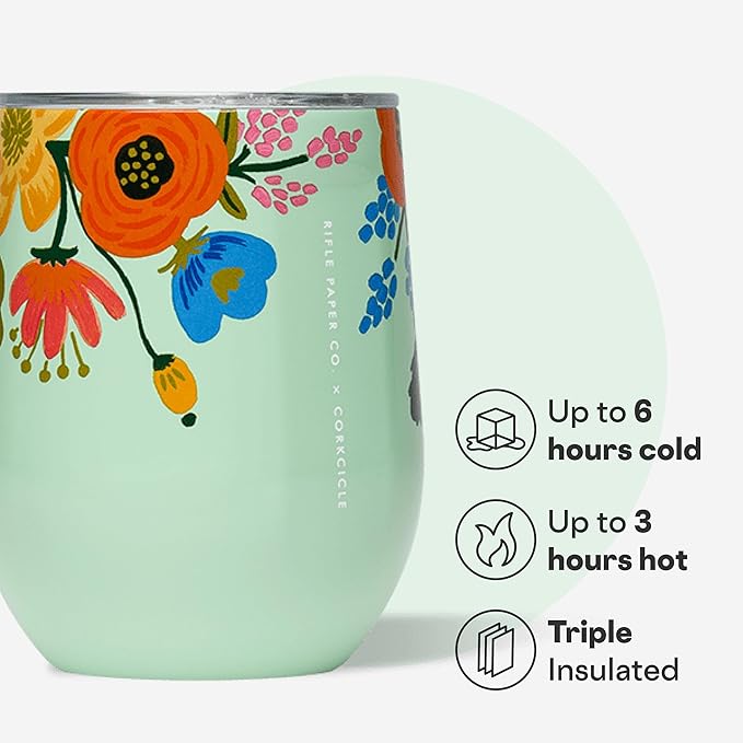 Corkcicle Stemless Insulated Wine Glass Tumbler - Keeps Beverages Cold 6 Hrs Hot 3 Hrs - Stainless Steel - Easy-Grip - Gift for Mom - Great for Mother's Day or Christmas - 12 oz - Mint Lively Floral