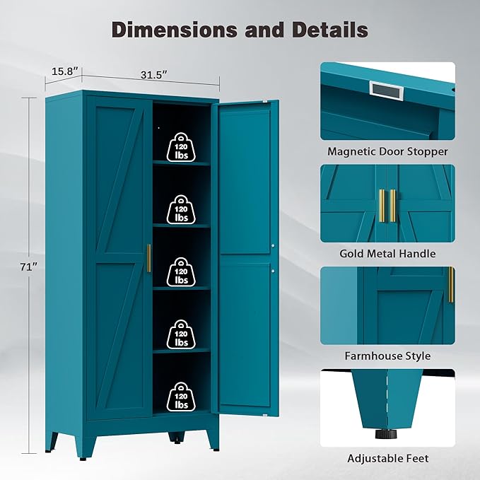 71" Tall Metal Pantry Cabinet, Kitchen Storage Cabinet with 2 Doors and 4 Adjustable Shelves for Kitchen, Living Room, Dining Room, Bathroom and Home, Office (Blue, 71" H)