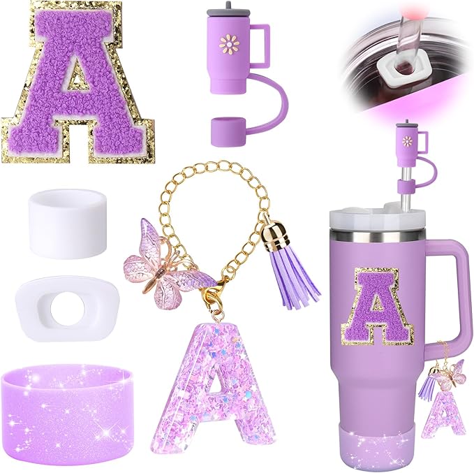 Mity rain 6PCS Cup Accessories Set for Stanley Cup 30oz 40oz tumbler with handle, Including Silicone Straw Topper Cover Cap and Boot, Spill Proof Stopper, Handle Charm, Initials Sticker (Letter A)