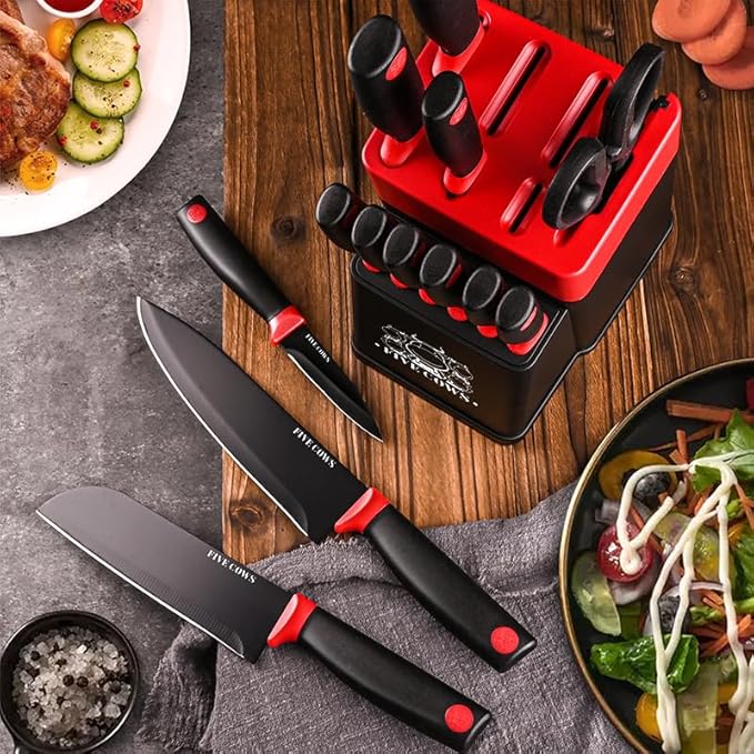 14 Pcs Kitchen Knife Block Set with Sharpener German High Carbon Stainless Steel Chef Knives, Razor-Sharp & Durable, Lightweight Anti-Slip Handle, Professional Set for Home & Kitchen (Red)