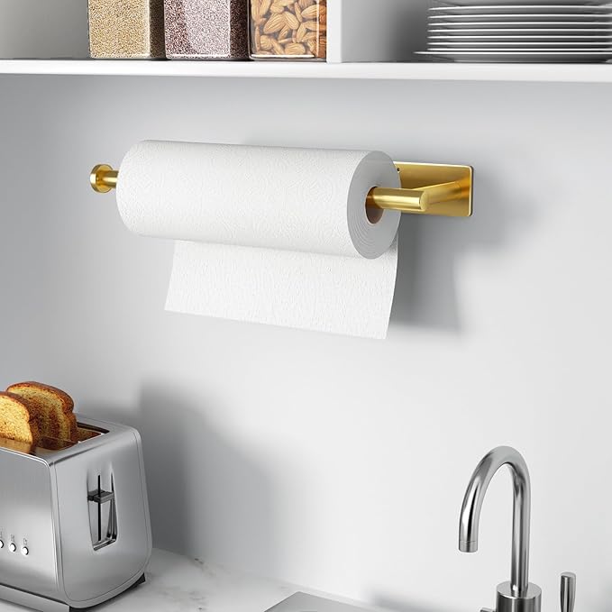 Paper Towel Holder - Self-Adhesive or Drilling, Gold Wall Mounted Rack - SUS304 Stainless Steel Kitchen Roll Holder Under Cabinet (2 Pack)