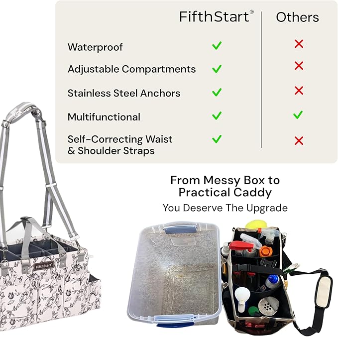 FifthStart Multiuse Cleaning Caddy with Waist & Shoulder Strap - Diaper Caddy & Beach Bag - 9 Pockets & Mesh Base - Adjustable Compartments (Black, Small) - Cleaning Supplies Organizer Bag