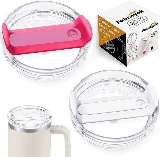 40 OZ Tumbler Lid Replacement Fit for Stanley Cup, 2 Pack Clear Replacement Lids Fit for Stanley Travel Tumbler, Spill Proof Tumbler Covers for Stanley Cup Accessories (White+Hot Pink)