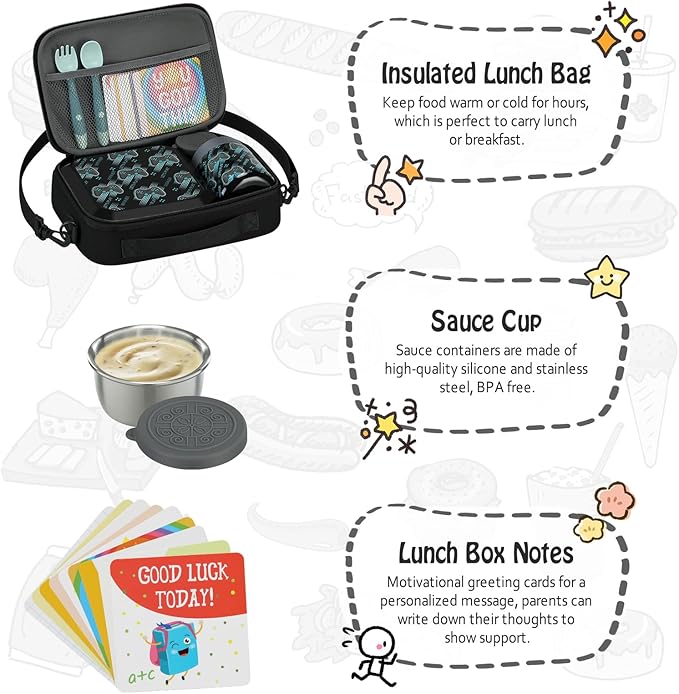 Itslife Bento Lunch Box Set for Kids with 12oz Soup Thermo&Lunch Bag, Leak-Proof Lunch Food Containers for Kids School, 5 Compartment, Sauce Cup, 10 Notes (Gaming Black)