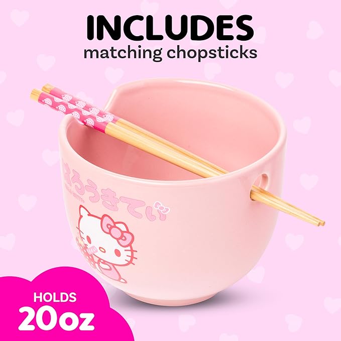 Silver Buffalo Sanrio Hello Kitty Strawberry Milk Japanese Character Ceramic Ramen Noodle Rice Bowl with Chopsticks, Microwave Safe, Pink, 20 Ounces