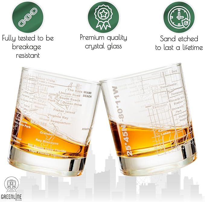 Greenline Goods Whiskey Glasses - 10 Oz Tumbler Set for Miami lovers, Etched with Miami City Map Old Fashioned Rocks Glass - Set of 2