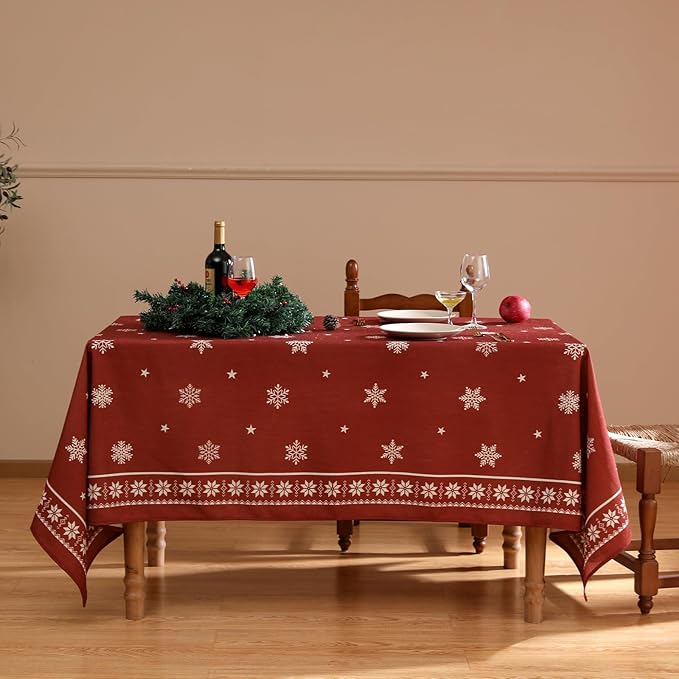 ISAENNE Designer Christmas Red Long Tablecloth Rectangular,Linen Table Cloth with Snowflakes Pattern,Wrinkle Resistant Decor Tablecloths for Dining Kitchen Thanksgiving Christmas,63"*94"-Carol C
