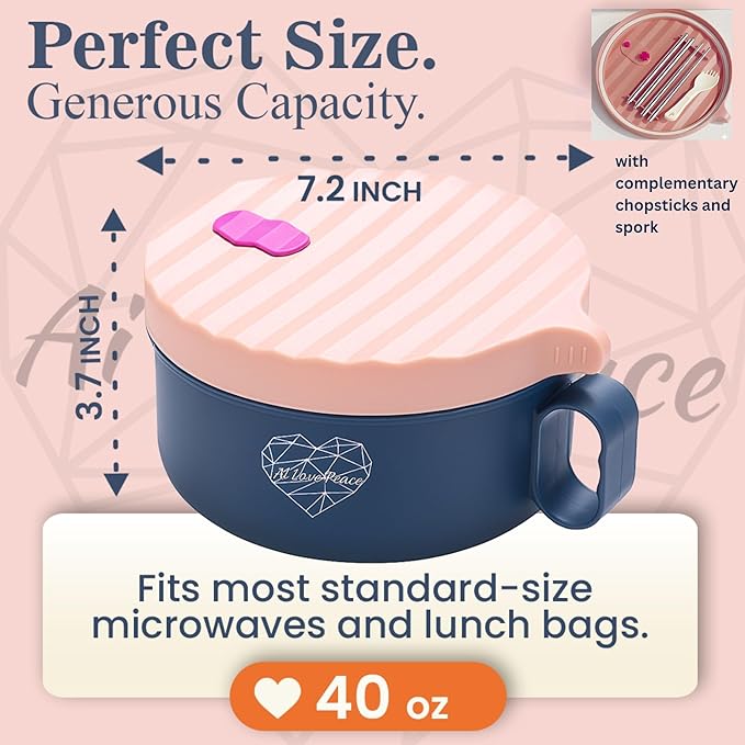 AI LOVE PEACE Ramen Bowl, 40 oz Microwaveable Noodle Cooker for Ramen, Pho, Soup, and Pasta, Dishwasher Safe and Portable, Ideal for Home, Office, Dorm, or Gift (Pink)