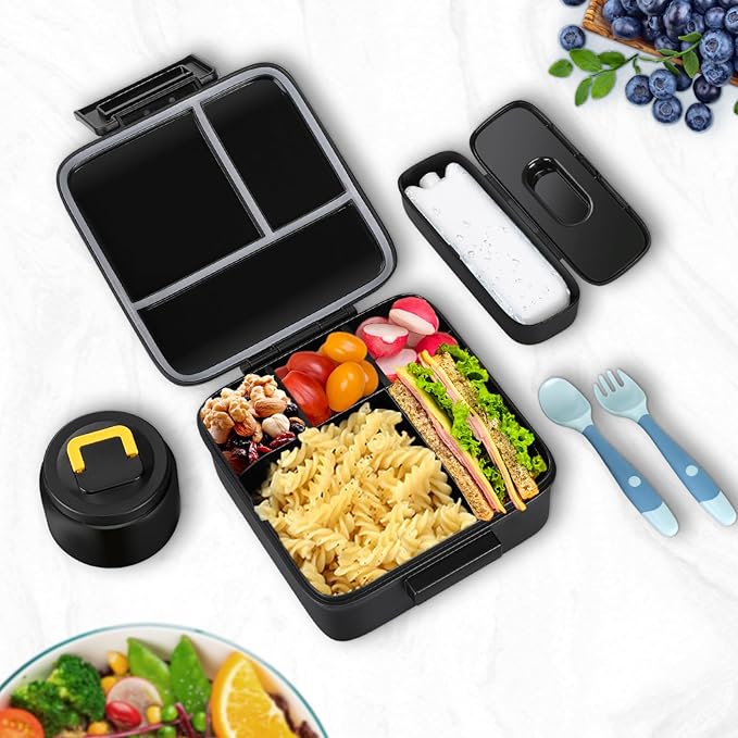 Bento Lunch Box for Kids With 8oz Soup Thermo,Leak-proof Lunch Containers with 5 Compartment,Thermo Food Jar and Lunch Bag, Food Containers for School (A-Black(Circumnavigate Space))