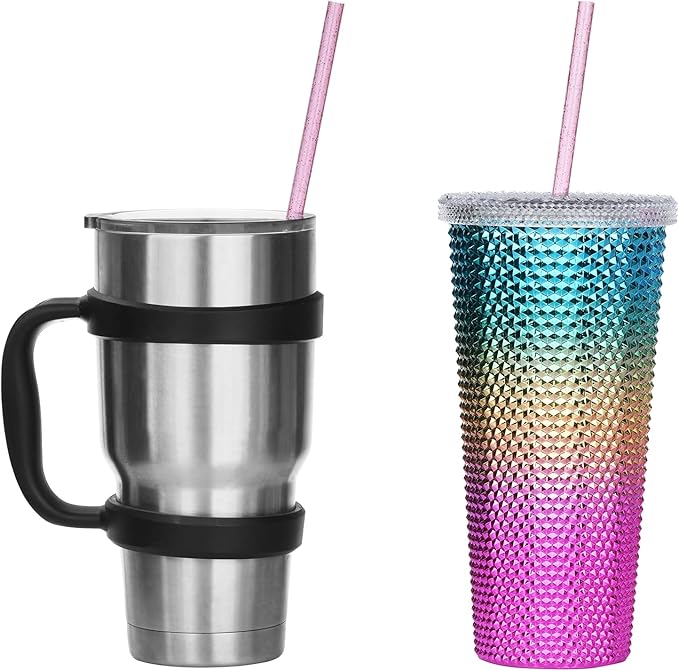ALINK 12PCS Reusable Clear Pink Glitter Straws, 11" Long Hard Plastic Tumbler Drinking Straws with Cleaning Brush