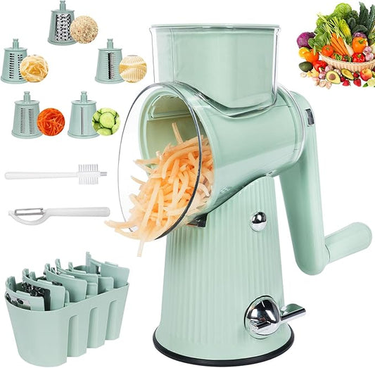 5 in 1 Rotary Cheese Grater Vegetable Slicer - Drum Mandoline Chopper for Kitchen, Easy to Clean with Storage Container