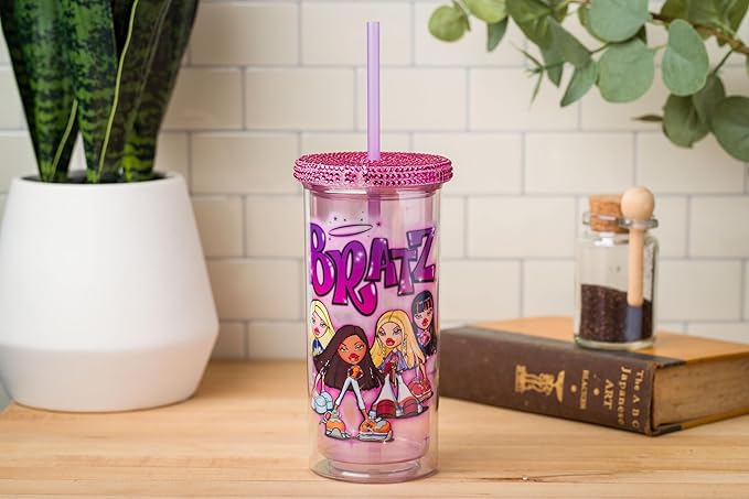 Silver Buffalo Bratz Featuring Cloe, Yasmin, Jade, and Sasha Plastic Tall Cold Cup with Rhinestones Lid and Straw, 20 Ounces