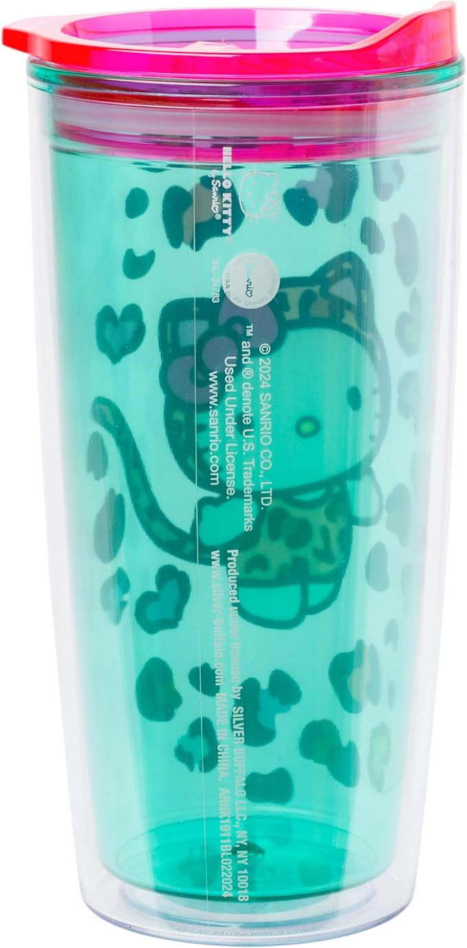 Silver Buffalo Sanrio Hello Kitty Leopard Print Double Wall Travel Tumbler with Slide Close Lid, 20 Ounces