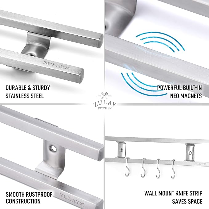 Zulay (12 Inch) Stainless Steel Magnetic Knife Holder For Wall - Powerful Knife Magnetic Strip With Extra Hanging Hooks - Wall Mount Magnetic Knife Strip & Organizer For Kitchen & Tools (Silver)