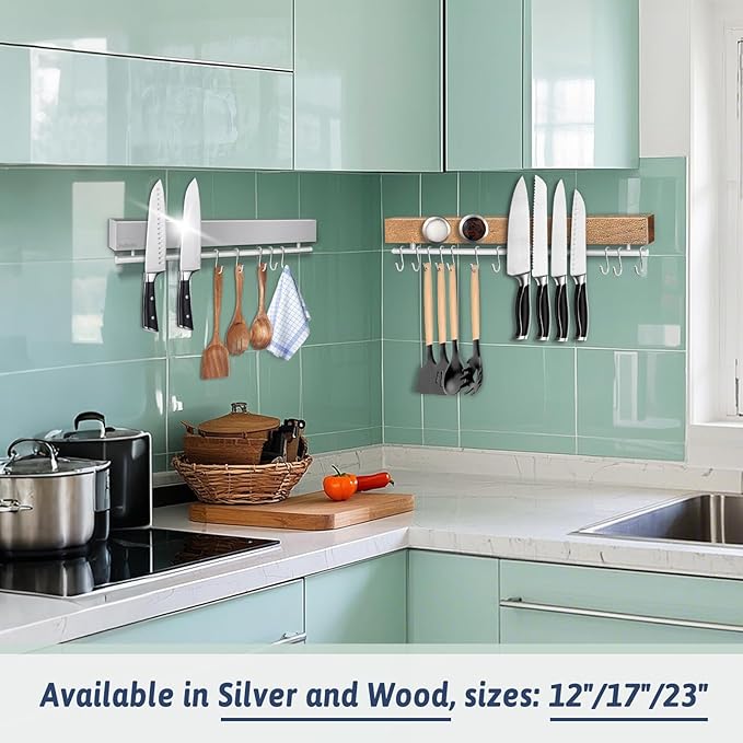 23 Inch Magnetic Knife Holder for Wall - Stainless Steel Magnet Knife Strip No Drill with 15 Hooks/Adhesive Tape/Screws, Kitchen Utensil Holder, Magnetic Knife Organizer, Wall Mounted Knife Storage