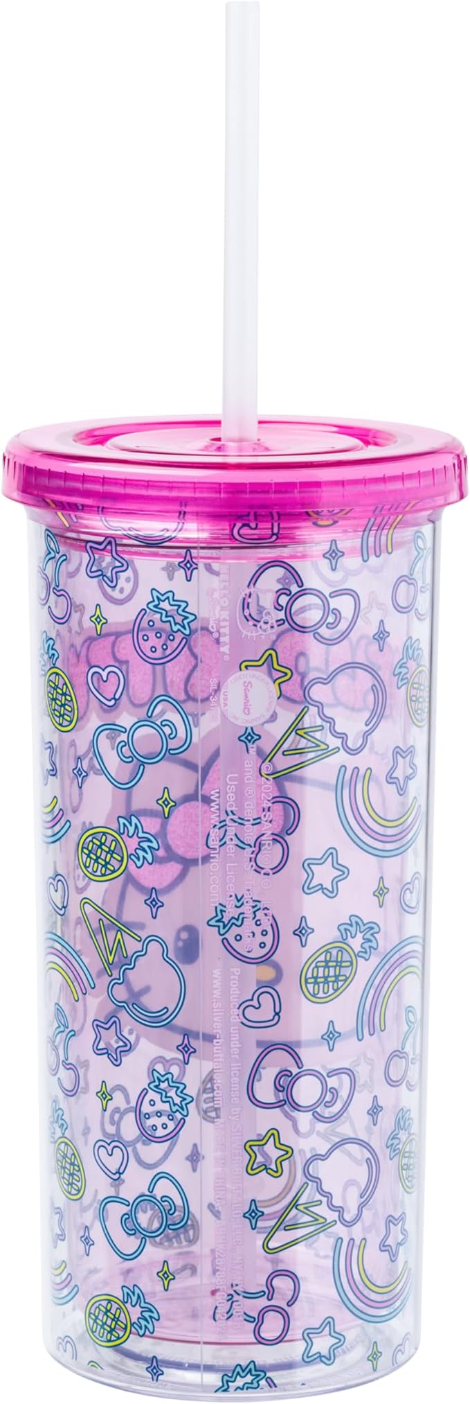 Silver Buffalo Sanrio Hello Kitty Neon Fruit Pattern Plastic Cold Cup with Lid and Straw, 20 Ounces