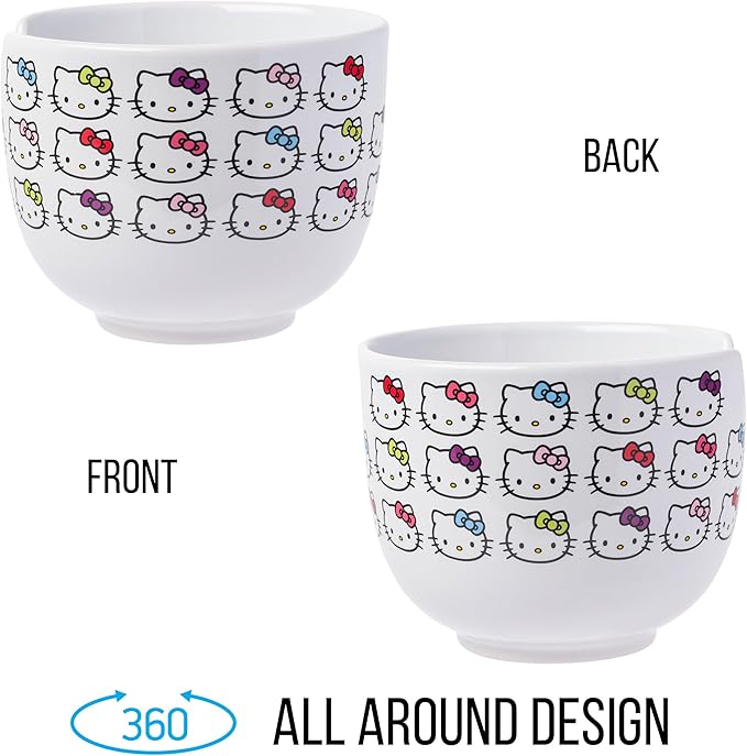 Silver Buffalo Sanrio Hello Kitty Face with Different Color Bows Pattern Ceramic Ramen Noodle Rice Bowl with Chopsticks, Microwave Safe, 20 Ounces