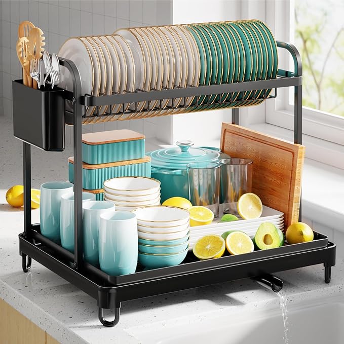 2-Tier Dish Drying Rack - Stainless Steel Dish Rack with Cutlery & Utensil Holders for Kitchen Counter, Sink Organization and Storage Essentials, Home Decor, 16.7" W x 12.7" L x 15.8" H, Black