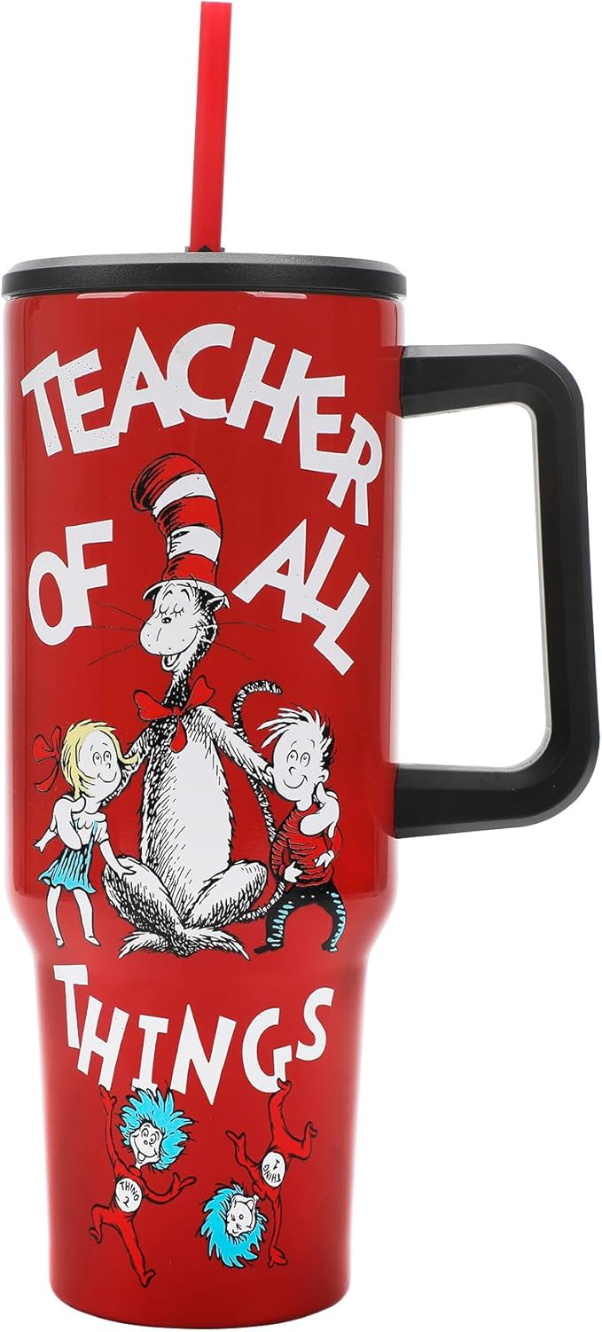 Bioworld Dr. Seuss Teacher of All Things Vacuum Insulated 40 Oz Stainless Steel Tumbler with Leak-Proof Lid & Ergonomic Easy-Carry Handle for School or Home