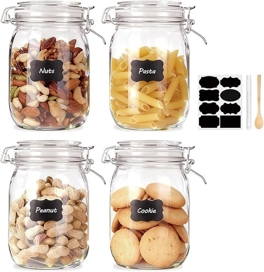 Glass Kitchen Storage Canister Mason Jars with Lids,32oz Airtight Glass Canister with Hinged Lid，Perfect for Kitchen Canning Cereal,Pasta,Sugar,Beans (Labels & Chalk Marker)-Set of 4