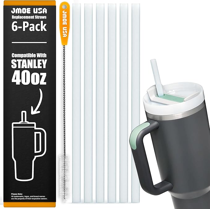 Jmoe USA 12" Replacement Straws for Stanley 40oz & 30oz Tumblers | Fits Reduce 50 oz & 40 oz Cold1 Tumblers | 6-Pack of Reusable Plastic Straws With Cleaning Brush | Food Grade & BPA Free (White)